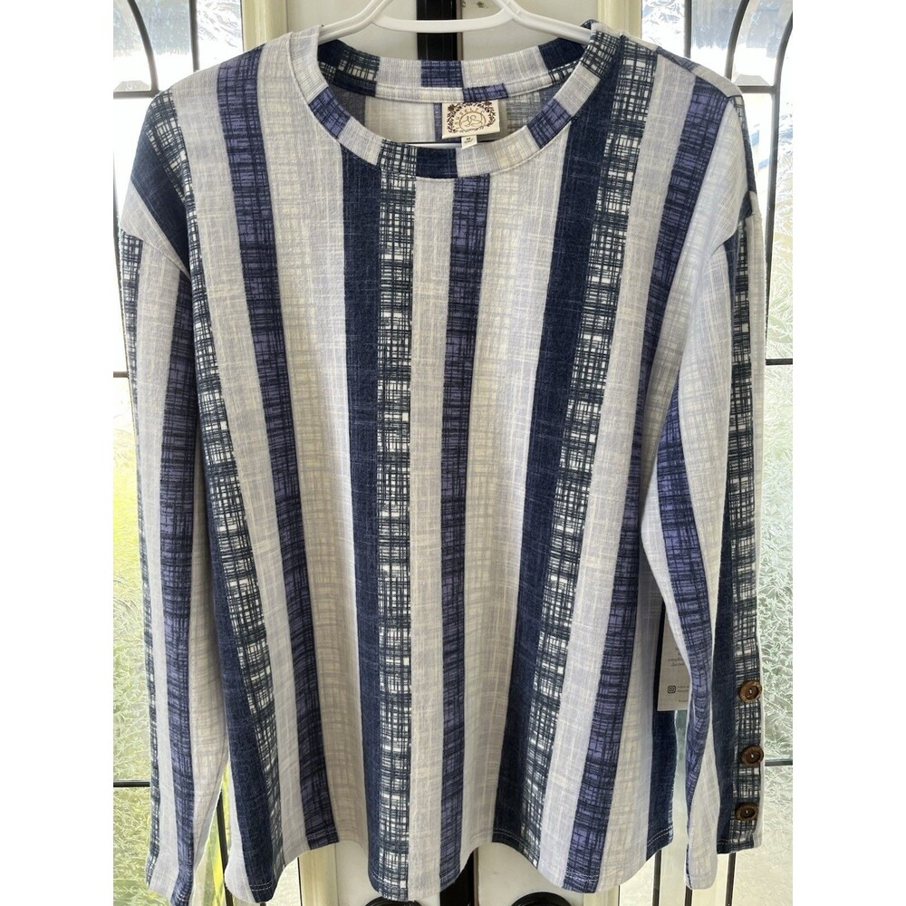 New Truself Women's Top Dark/Light Blue Vertical Stripes Long Sleeves Size Med